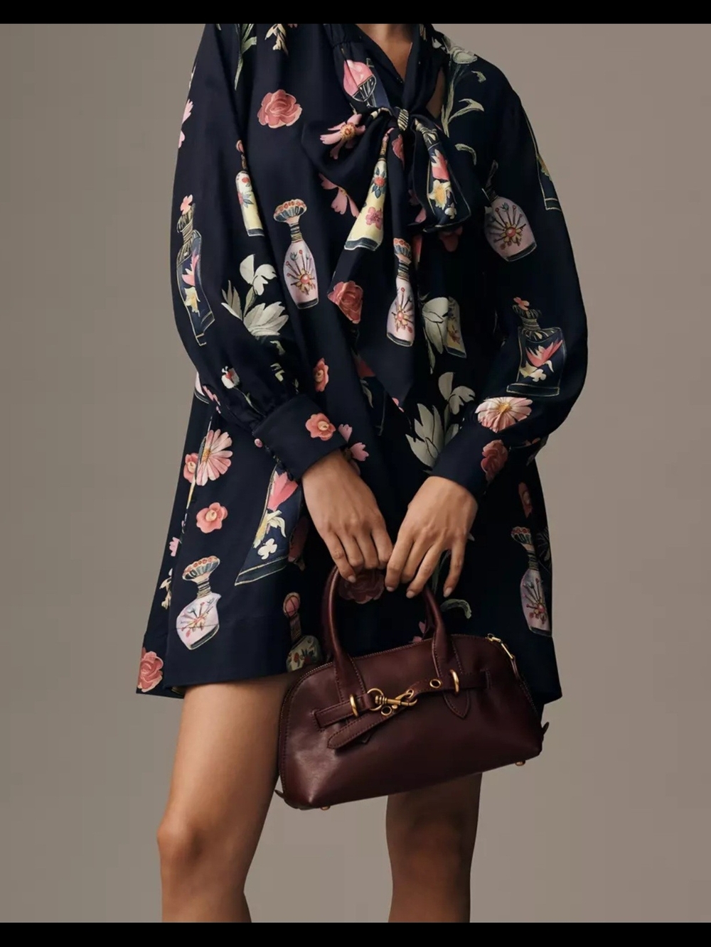 Maeve Navy Floral Tie-Neck Mini Dress with Pink & Cream Accents - Picture 2 of 3
